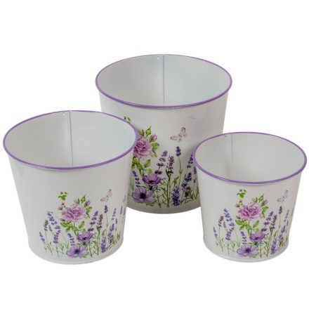 Bádog kaspó szett lila virágos D11,5-13,5-15cm 3db-os