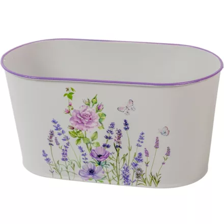 Bádog kaspó ovál lila virág mintás M12x23x11cm
