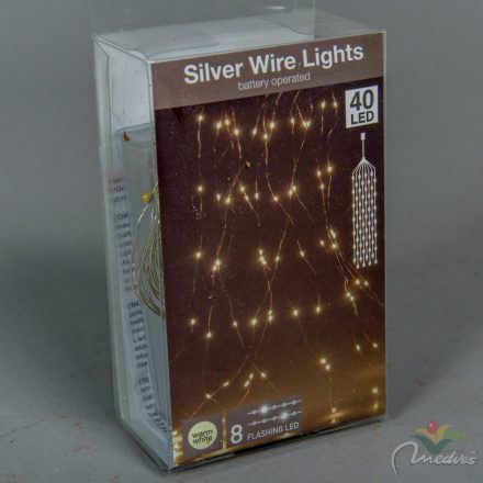Ezüst drótkábeles korbács 40 LED-es elemes (elem nékül) meleg