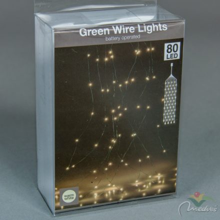 80 LED-es zöld drótkábeles korbács elemes (elem nélkül) meleg