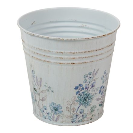 Fém kaspó virág mintás fehér-kék D13cm M12,5cm