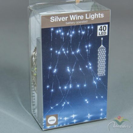 Ezüst drótkábeles korbács 40 LED-es elemes (elem nélkül) hideg