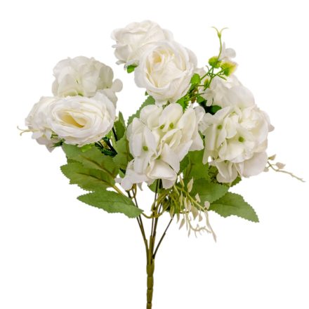 Rózsa, hortenzia csokor 9v. krém M32cm 24db/#