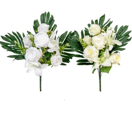 Rózsa, liliom csokor féloldalas 7v. krém-fehér M53cm 12db/#