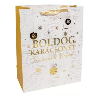 Ajándéktasak Boldog karácsonyt arany-fehér 26x32cm