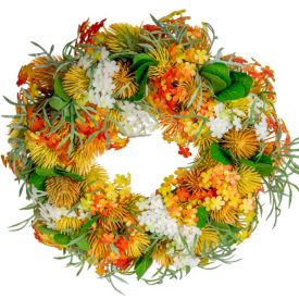 Tavaszi vegyes virágos koszorú sárga D22cm 12db/#