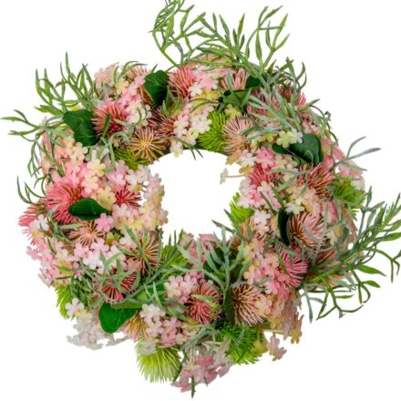 Tavaszi vegyes virágos koszorú rózsaszín D22cm 12db/#