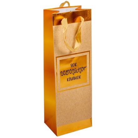 Ajándék tasak sok boldogságot kívánok felirattal natúr-arany  12x36cm