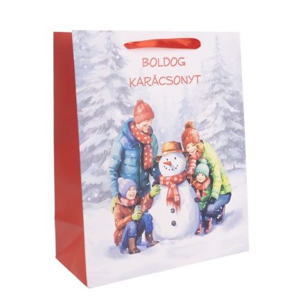 Ajándéktasak család hóemberrel 18x23cm