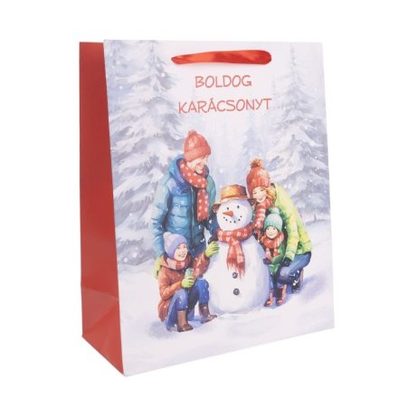 Ajándéktasak család hóemberrel 26x32cm