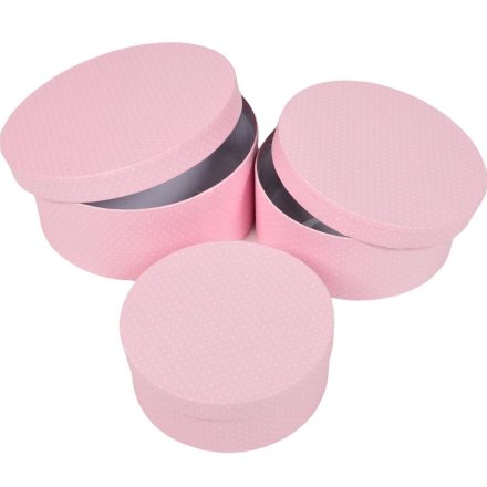 Papír doboz  kerek rózsaszín pöttyös D20,18,15cm 3db-os