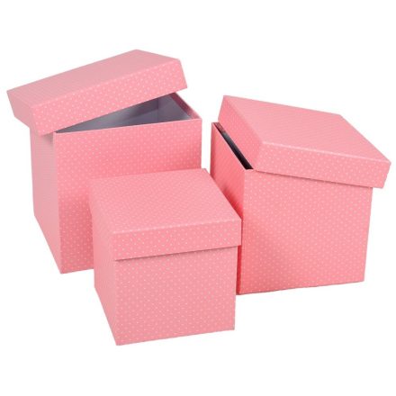 Papír doboz kocka pöttyös pink 16, 14, 12cm 3db-os