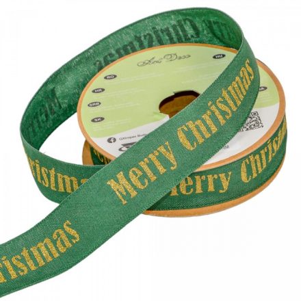 Vászon szalag Merry Christmas feliratos zöld 25mmx10m