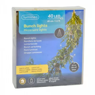   Ezüst drótkábeles korbáncs 40 LED-es elemes (elem nélkül) meleg 8x65cm