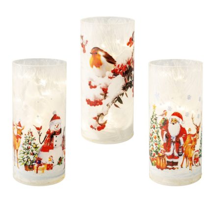 Karácsonyi mintás LED-es üveg henger M20cm D9cm