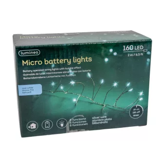   Ezüst drótkábeles sűrű füzér 160 LED-es programos elemes (elem nélkül) hideg 2m