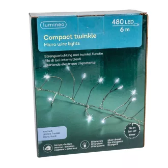   Ezüst drótkábeles sűrű füzér 480 LED-es programos adapteres hideg 6m