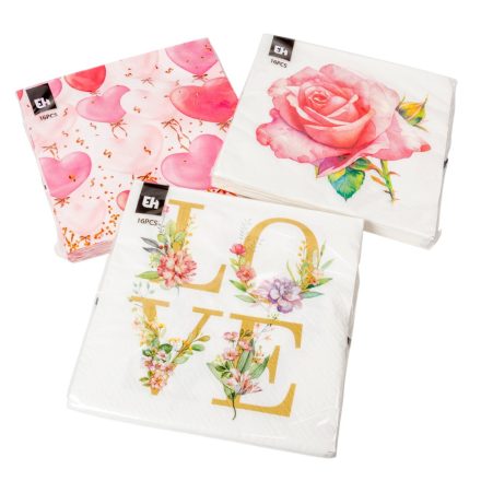 Szív-rózsa mintás szalvéta 33x33cm 16db-os