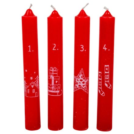 Karácsonyi mintás szálas gyertya piros 16cm 4db/csom (db ár)