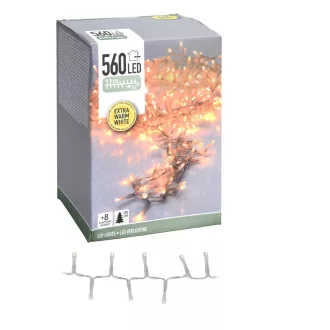   Sűrű fényfüzér 560 LED-es transzparens időzítős programos adapterrel meleg 11m