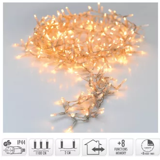   Sűrű fényfüzér 560 LED-es transzparens időzítős programos adapterrel meleg 11m