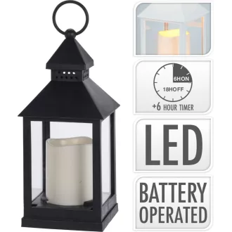   Lámpás LED-es gyertyával fekete (időzítős elemes) M23cm