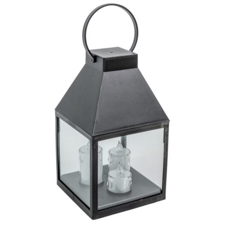 Lámpás LED-es gyertyákkal fekete M25cm