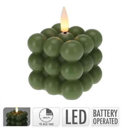 Golyós kocka gyertya zöld LED-es időzítős elemes (elemmel) 6x6cm