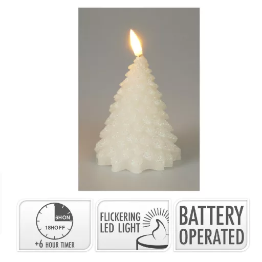 Fenyő gyertya LED-es időzítős láng effekttel glitteres fehér M11cm
