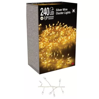   Ezüst drótábelekes sűrű fényfüzér 240 LED-es adapteres meleg