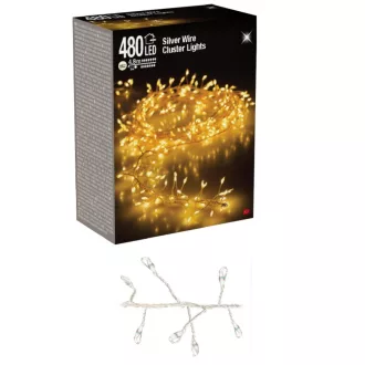   Ezüst drótkábeles sűrű fényfüzér 480 LED-es adapteres meleg 4,8m