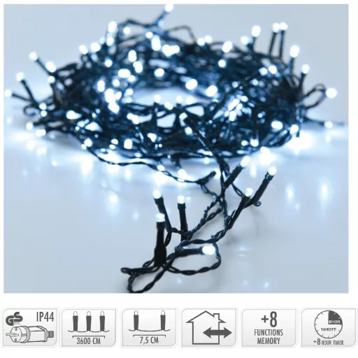 Fényfüzér 480 LED-es időzítős programos adapteres hideg 36m