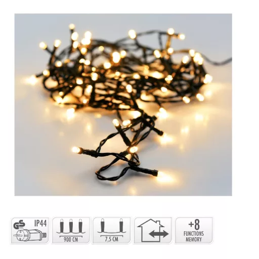 Fényfüzér 120 LED-es időzítős programos adapteres meleg 9m
