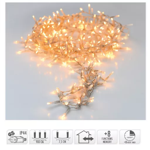 Fényfüzér 120 LED-es transzparens időzítős programos adapteres hideg 9m