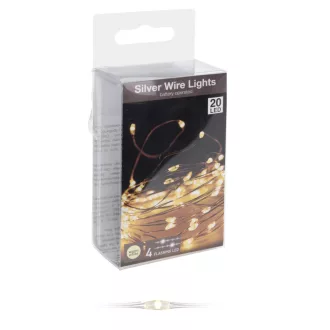   Ezüst drótkábeles fényfüzér 20 LED-es flash elemes (elem nélkül) meleg 95cm