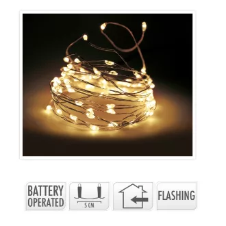   Ezüst drótkábeles fényfüzér 20 LED-es flash elemes (elem nélkül) meleg 95cm