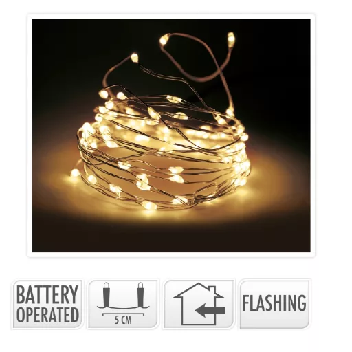 Ezüst drótkábeles fényfüzér 40 LED-es elemes (elem nélkül) meleg 195cm