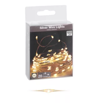   Ezüst drótkábeles fényfüzér 100 LED-os flash elemes (elem nélkül) meleg 495cm