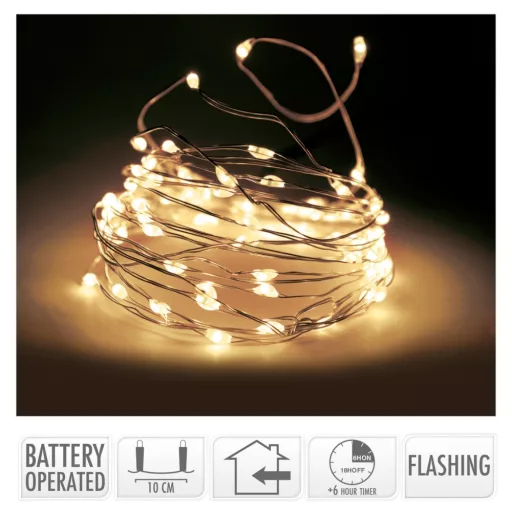Ezüst drótkábeles fényfüzér 100 LED-os flash elemes (elem nélkül) meleg 495cm
