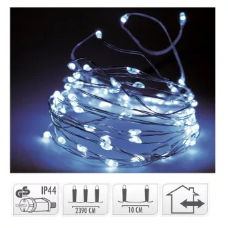   Ezüst drótkábeles fényfüzér 240 LED-es adapterrel hideg 23,9m
