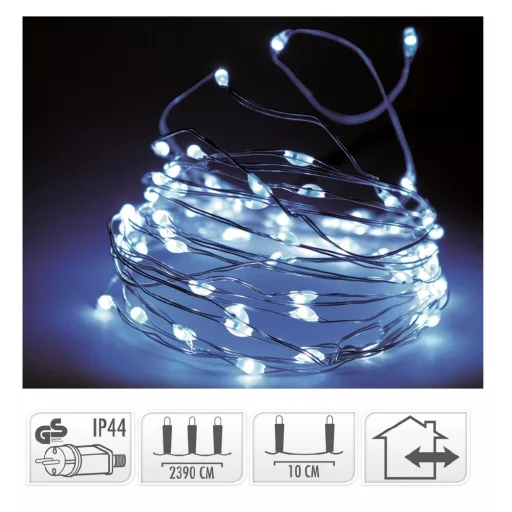 Ezüst drótkábeles fényfüzér 240 LED-es adapterrel hideg 23,9m