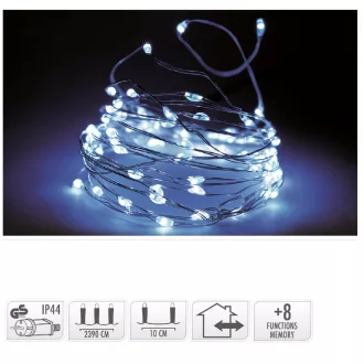   Ezüst drótkábeles fényfüzér 240 LED-es programos  adapteres hideg 23,9m