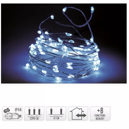 Ezüst drótkábeles fényfüzér 240 LED-es programos  adapteres hideg 23,9m
