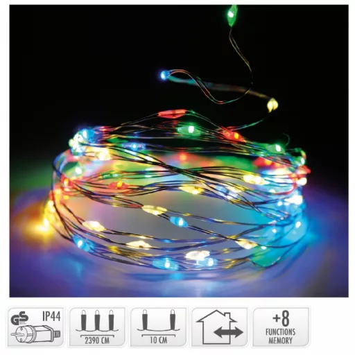 Ezüst drótkábeles fényfüzér 240 LED-es programos  adapteres multi 23,9m