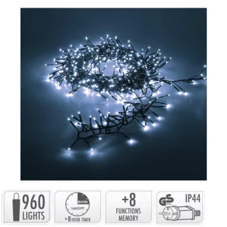   Extra sűrű fényfüzér 960 LED-es időzítős programos adapteres hideg 12,4m