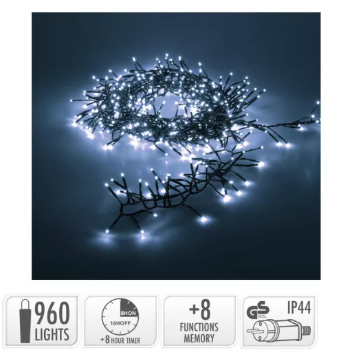 Extra sűrű fényfüzér 960 LED-es időzítős programos adapteres hideg 12,4m