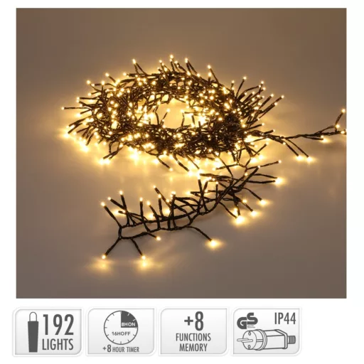 Extra sűrű fényfüzér 192 LED-es időzítős programos adapteres meleg 2,4m