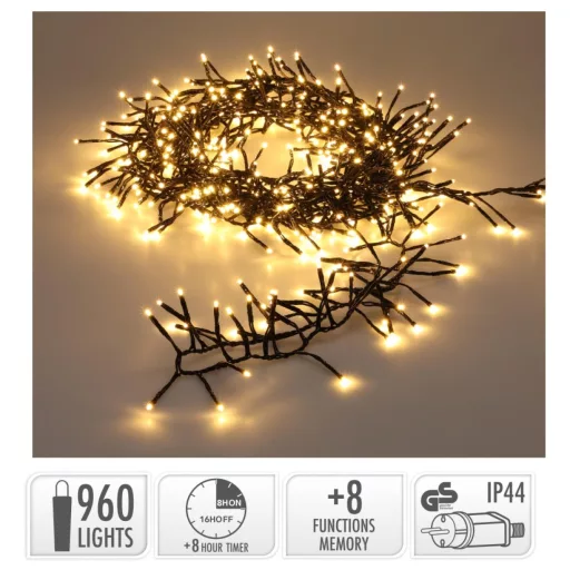 Extra sűrű fényfüzér 960 LED-es időzítős programos adapteres meleg 12,4m