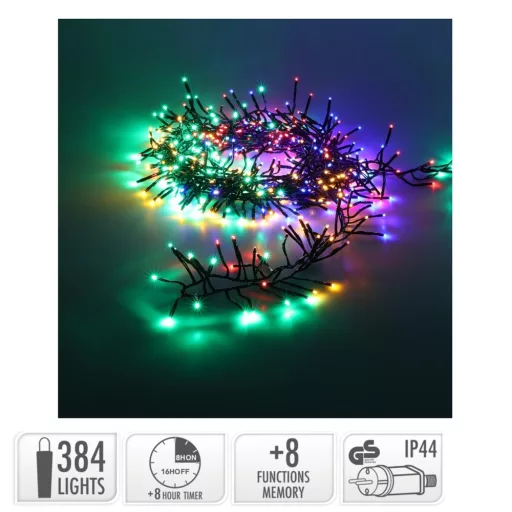 Extra sűrű fényfüzér 384 LED-es időzítős programos adapteres multi 4,9m