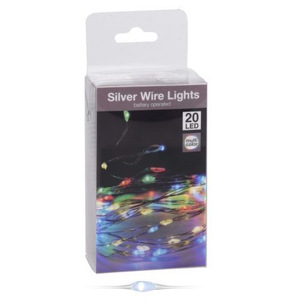 Ezüst drótkábeles fényfüzér 20 LED-es elemes (elem nélkül) multi color